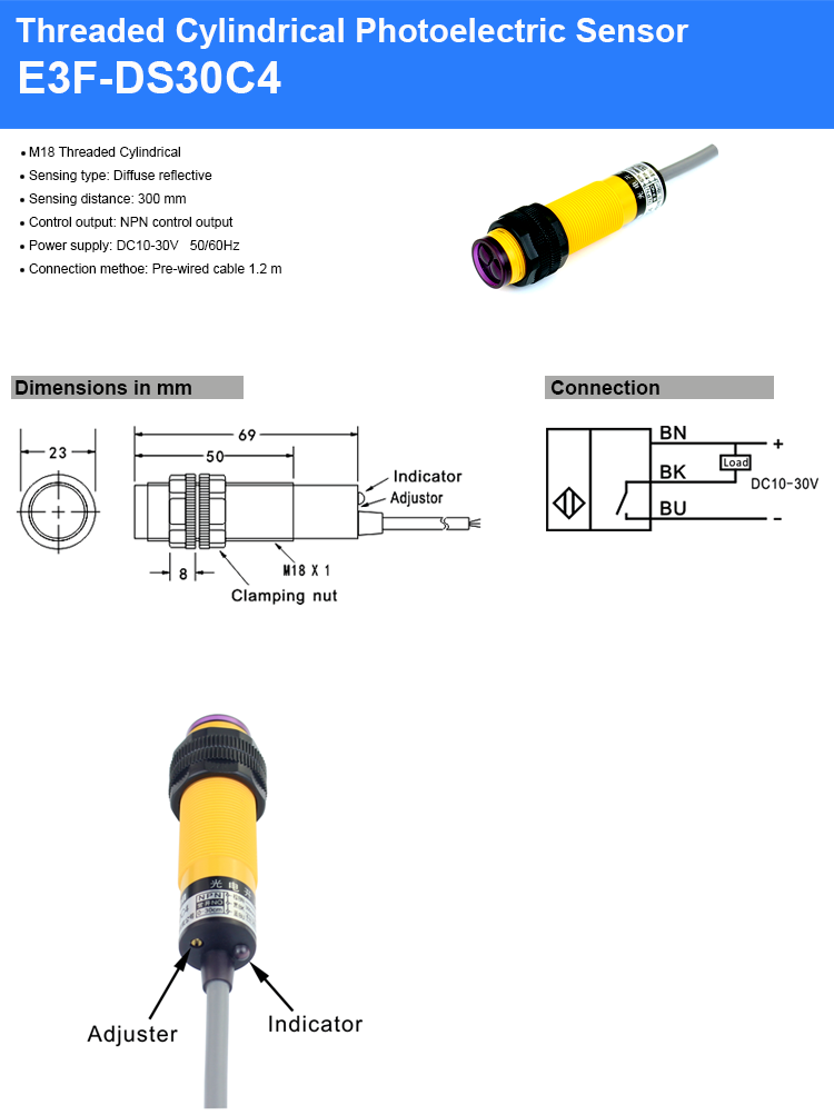 E3F-DS30C4 Photoelectric Sensor Switch - NPN Type, 30cm Range, 3-Wire, Diffuse Reflection
