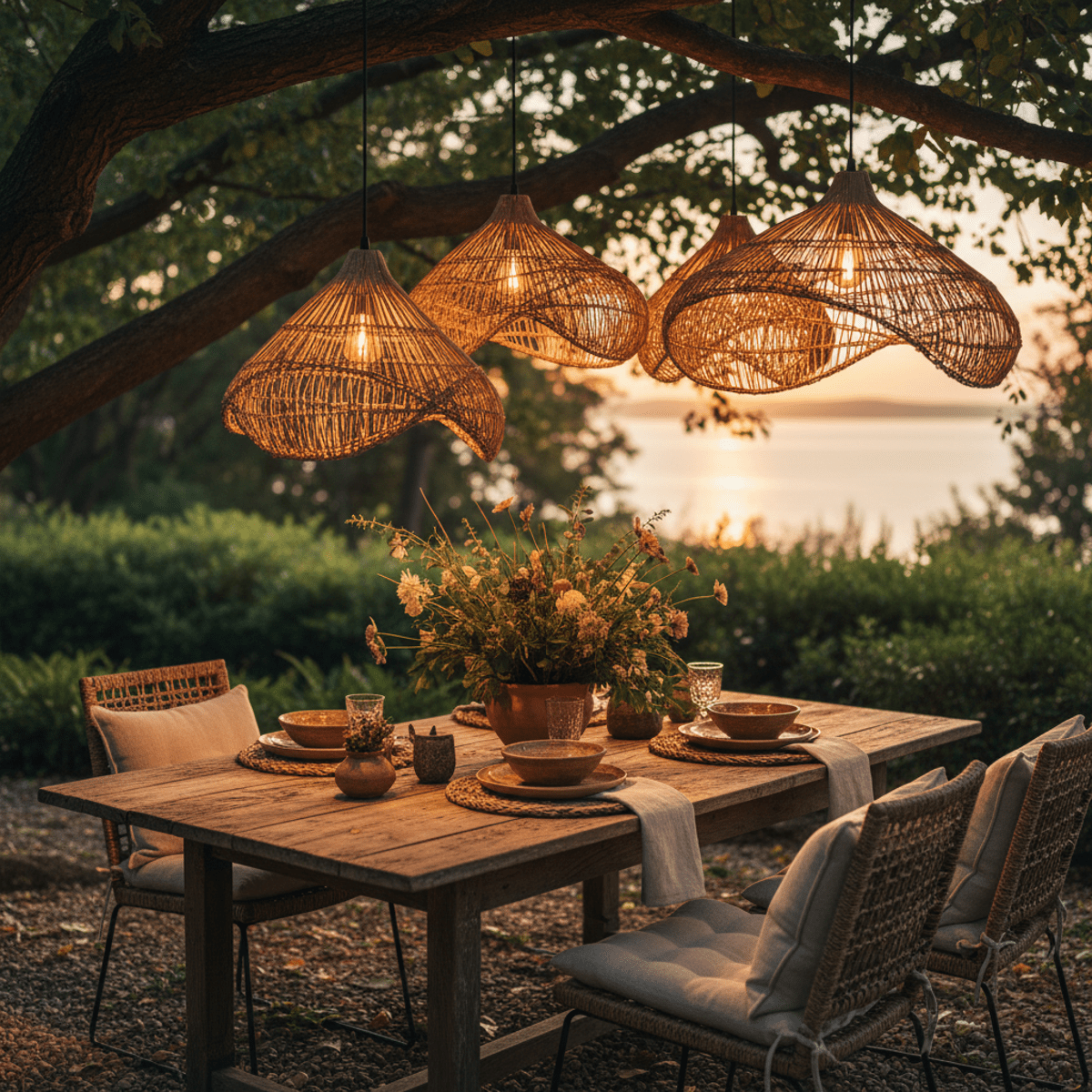 Cozy outdoor dining with woven rattan and bamboo solar lights casting lace-like shadows.
