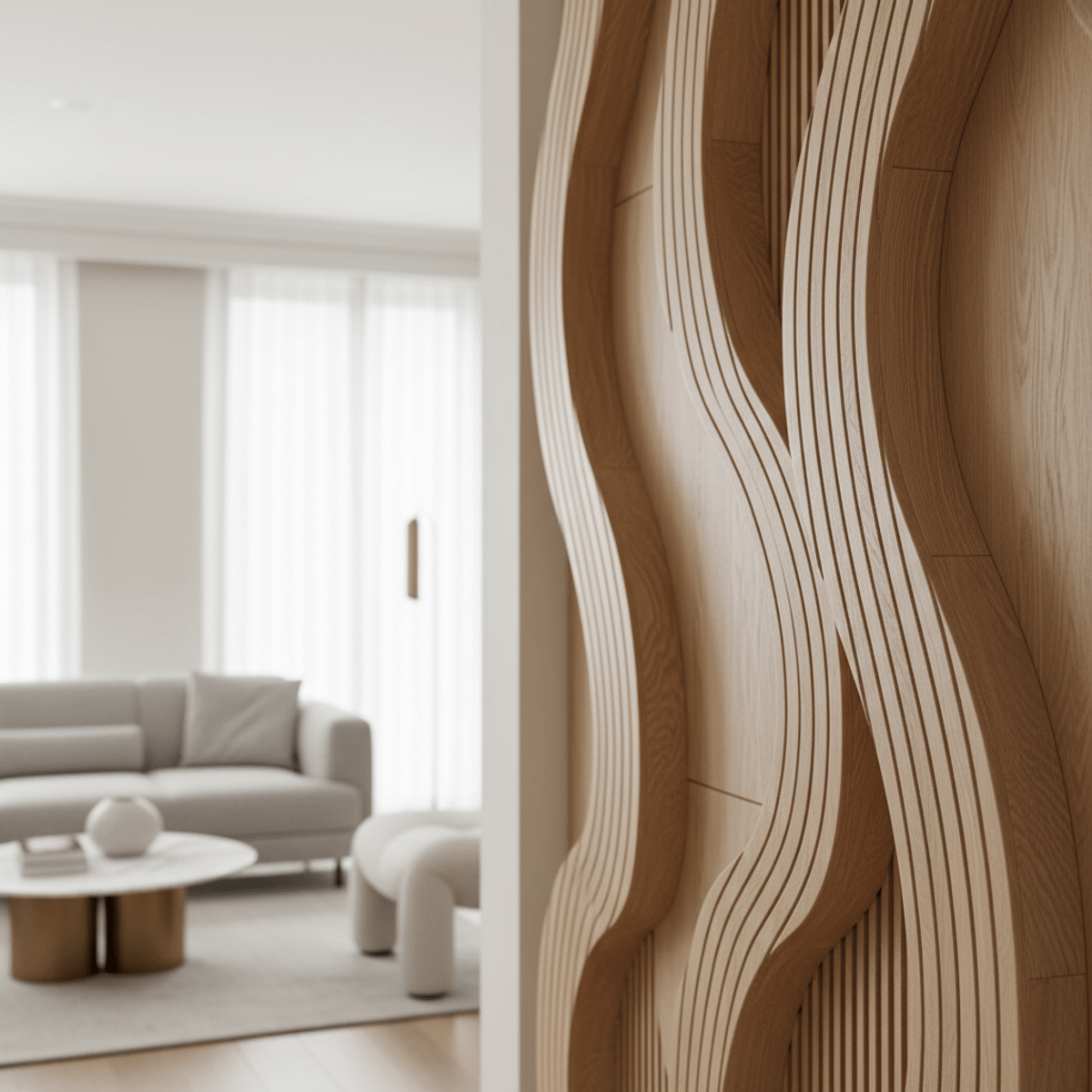 Arched and wavy light oak wood wall panels Modern light oak wood wall paneling with arched and wavy slat designs.