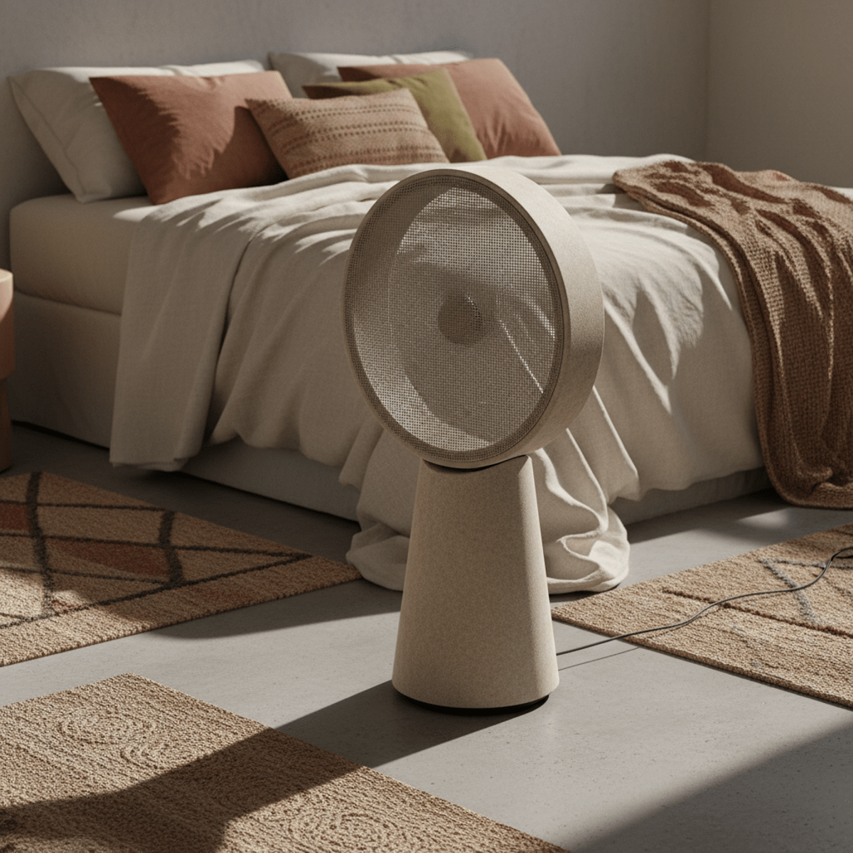 Contemporary fan with beige acoustic felt base in a serene bedroom setting.