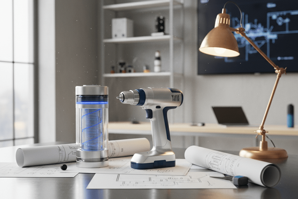 Cordless tool and water filter on a desk under natural light representing space tech commercialization