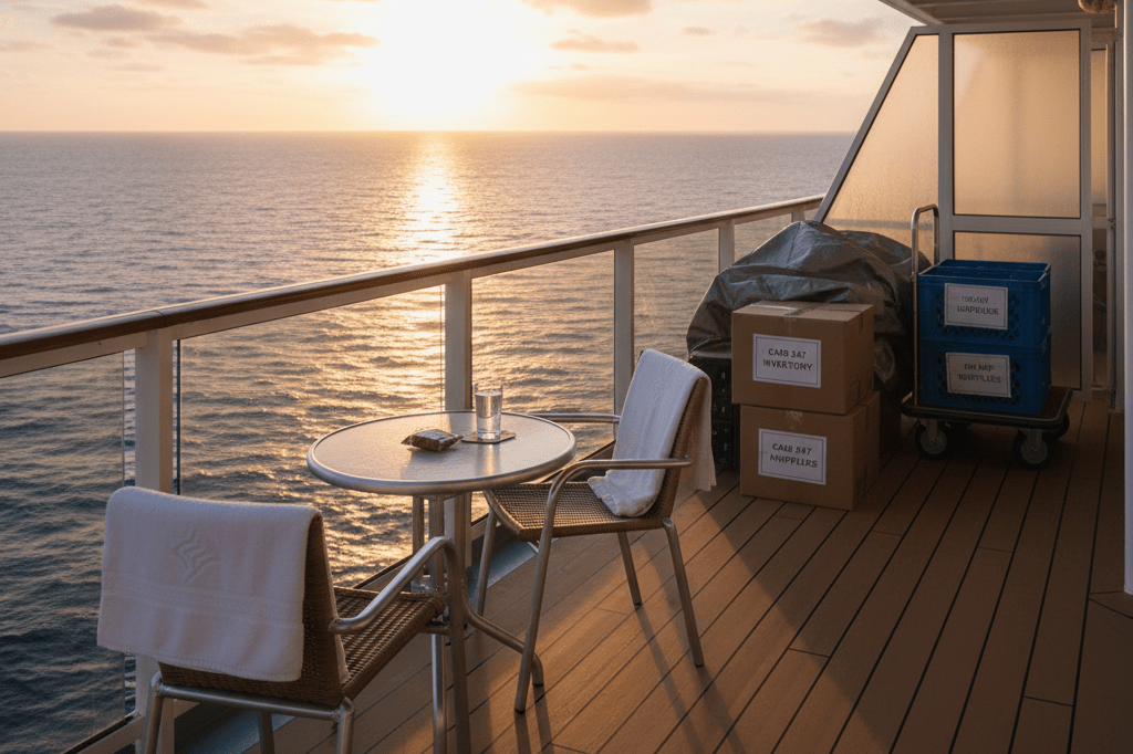 Serene ocean view from an empty cruise ship balcony under warm sunset lighting, symbolizing inventory management challenges