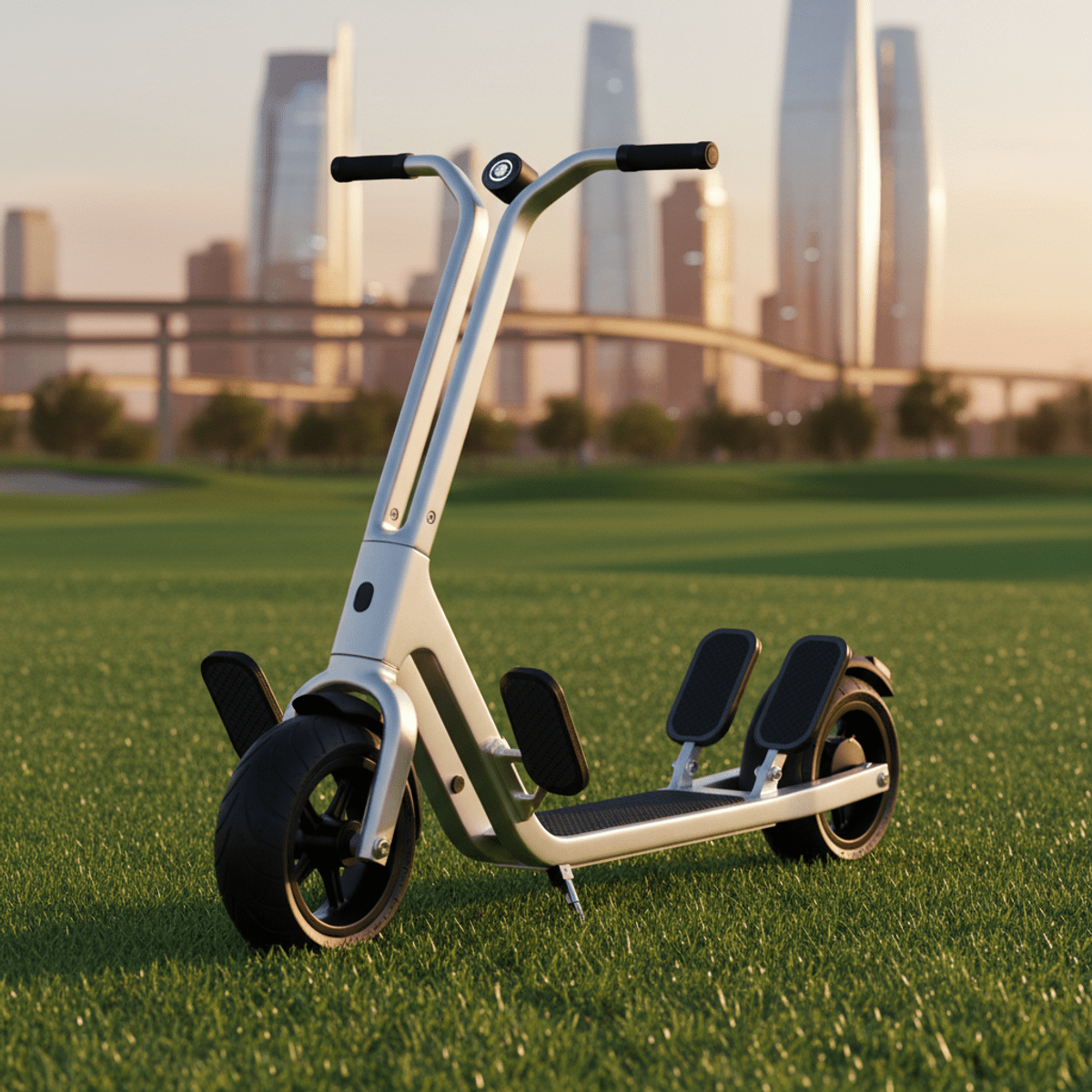Modern electric golf scooter unfolded on a manicured course during golden hour.