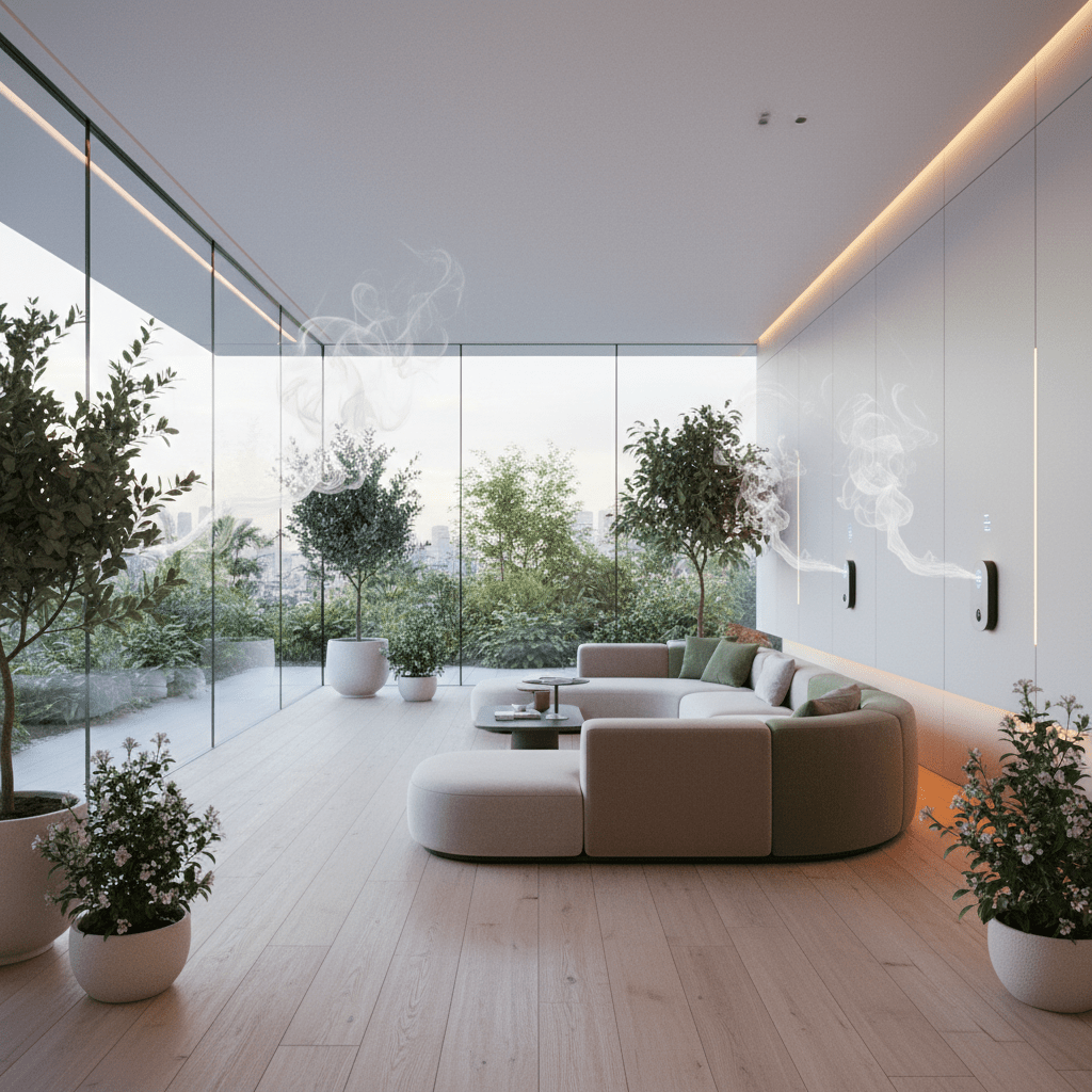 Futuristic living room with minimalist design, plants, and diffused steam for aroma.