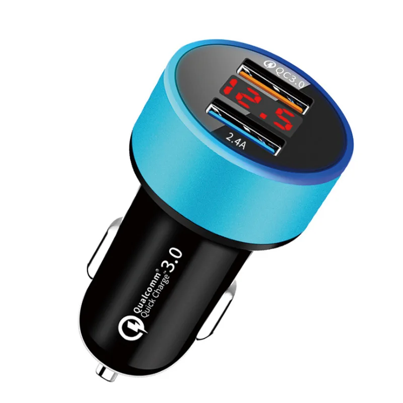 Автомобильное зарядное устройство с цифровым дисплеем, быстрая зарядка QC 3,0, автомобильное зарядное устройство с двумя USB-портами, умный адаптер