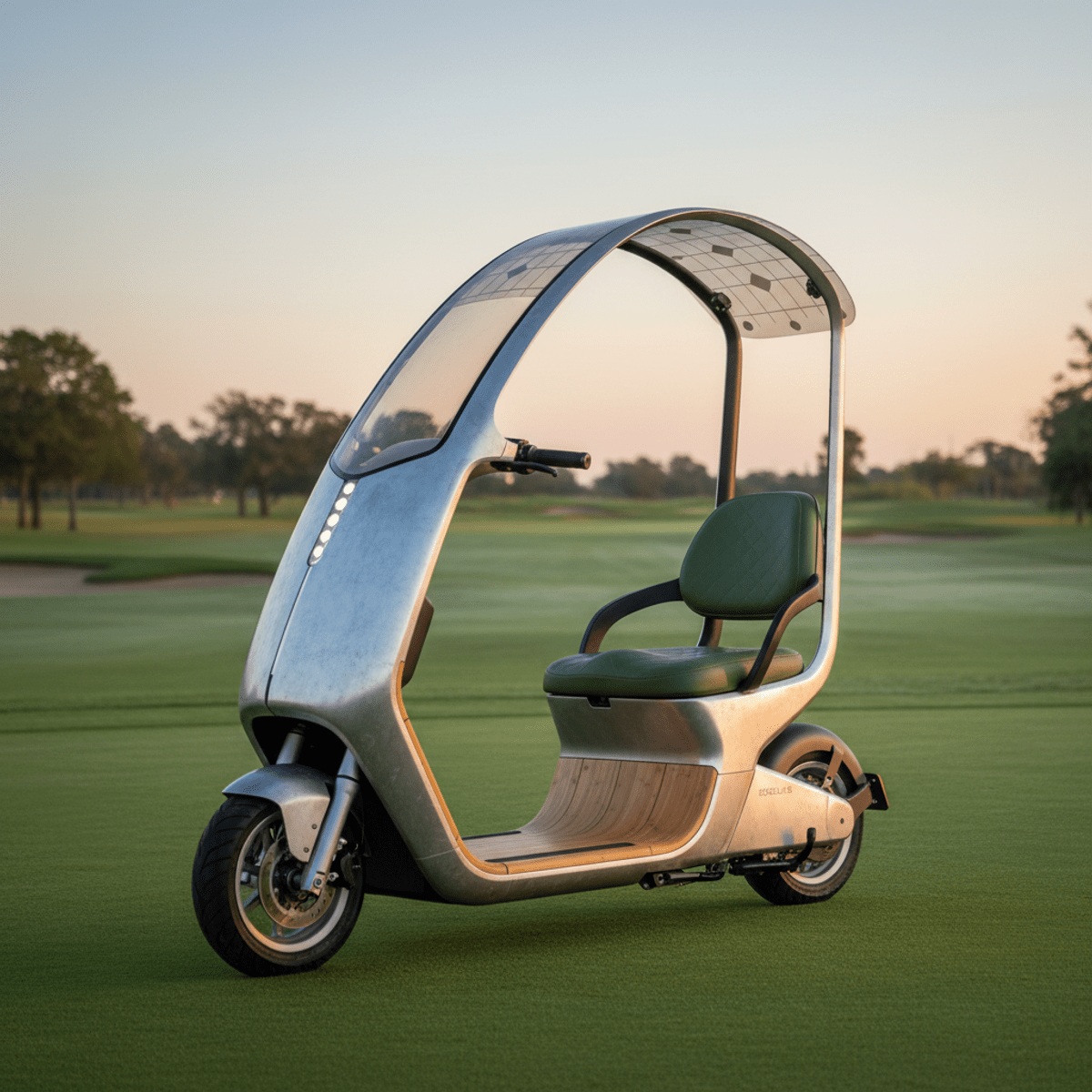 Sleek electric golf scooter with recycled aluminum and bamboo on a golf course.