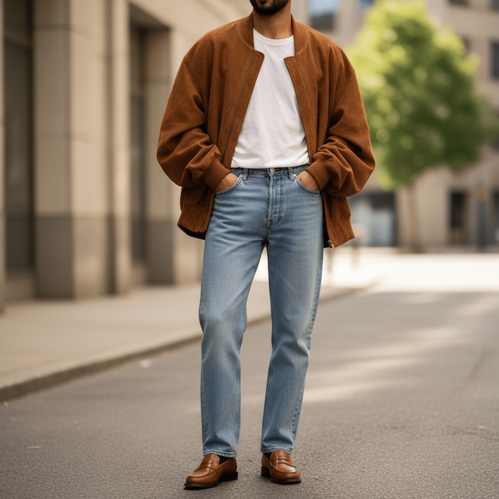 Oversized caramel suede bomber jacket draped over a white t-shirt and relaxed jeans.