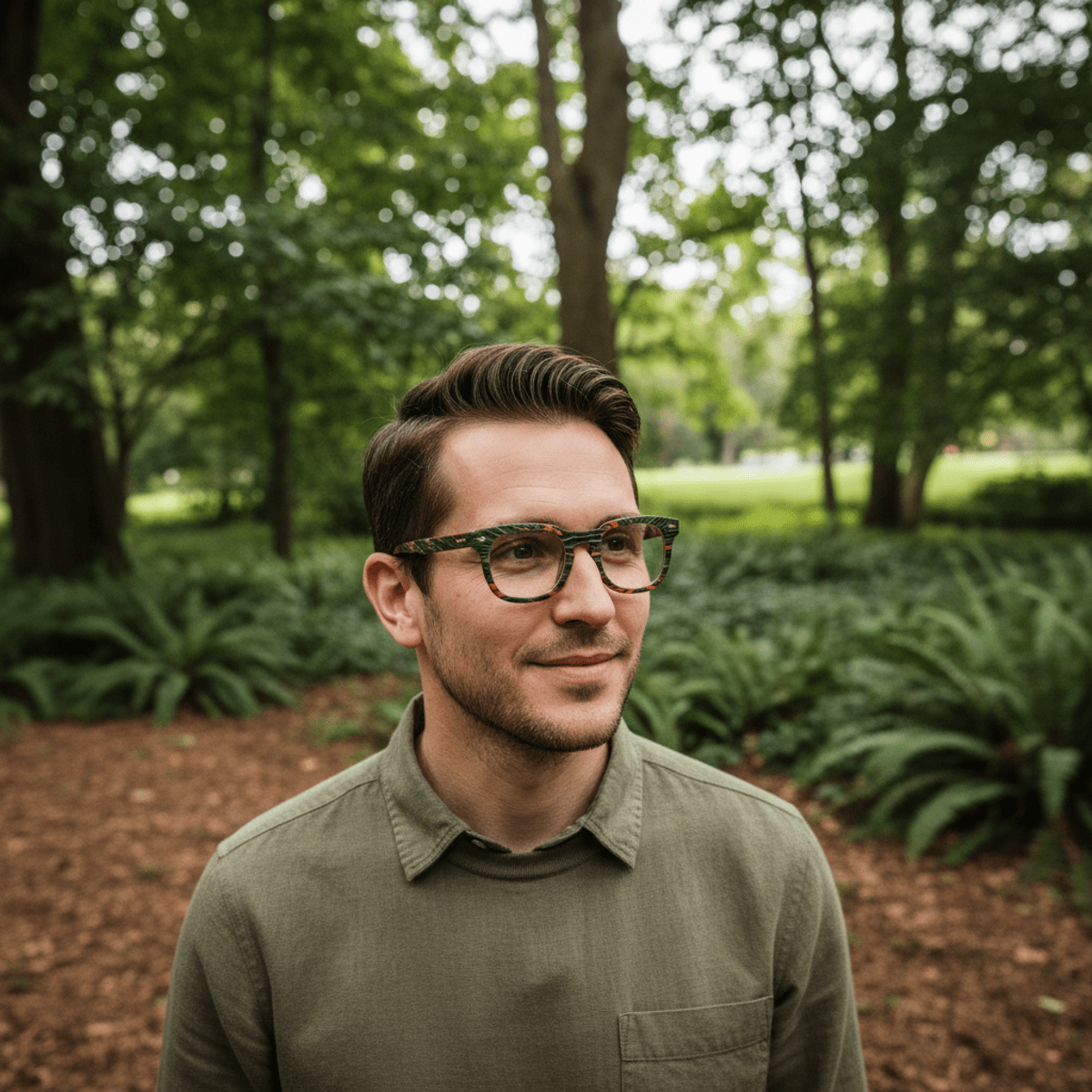 Man in park wearing eco-friendly eyeglasses made from recycled plastic and wood.