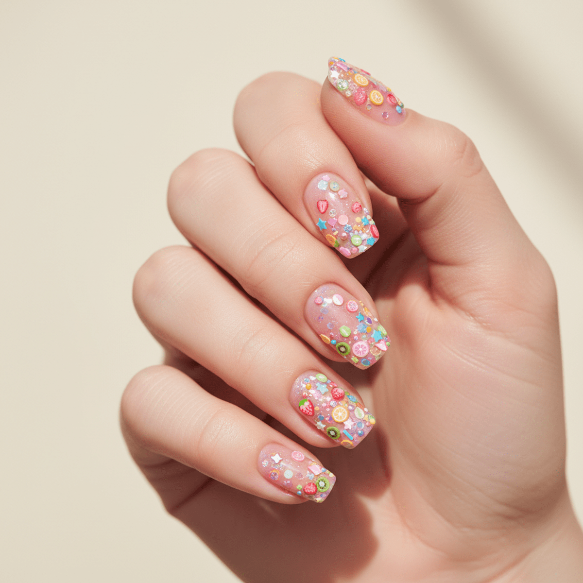 Sheer nude ice cream manicure with pastel rainbow glitter and fimo fruit slices.