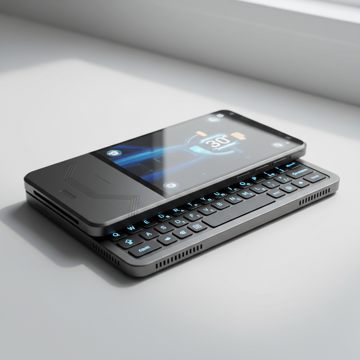 Futuristic slider phone with QWERTY keyboard and tilted OLED screen.