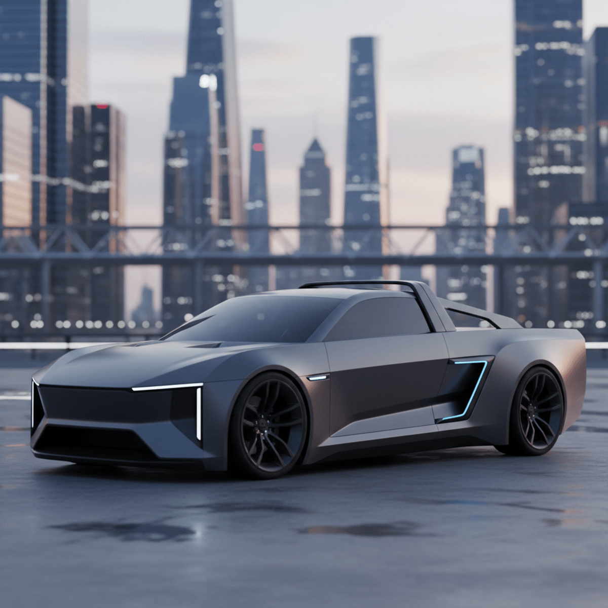 Sleek futuristic truck with aerodynamic sport bars against a modern cityscape.