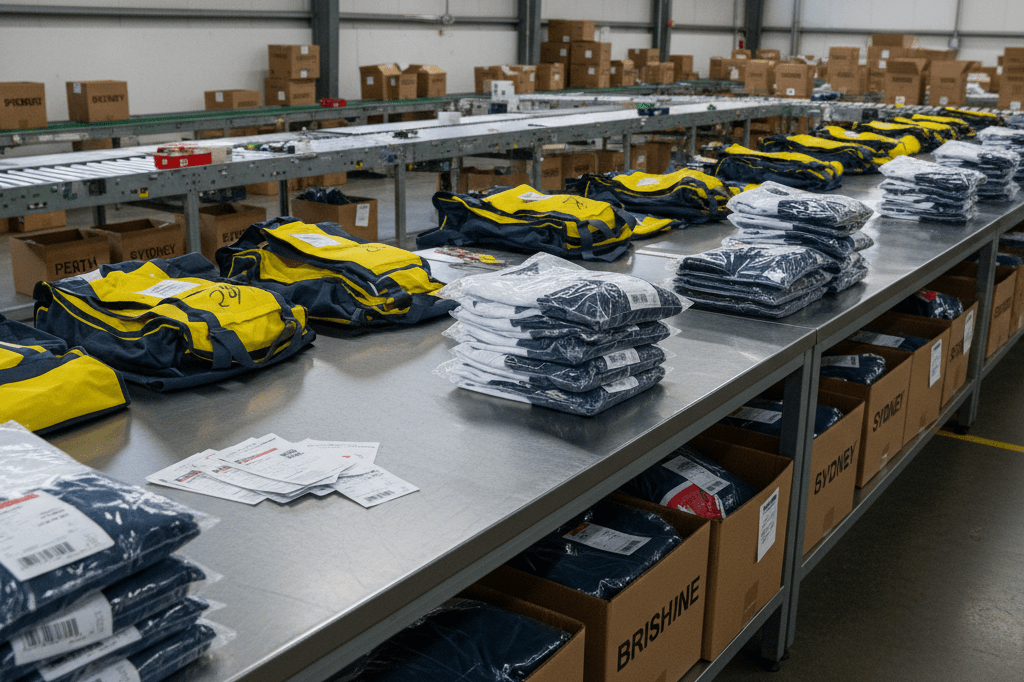 Warehouse table with weatherproof merchandise bags and regional shipping labels for a major stadium tour