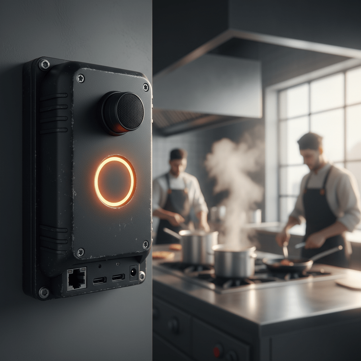 Rugged voice control PC with microphone in a busy commercial kitchen.