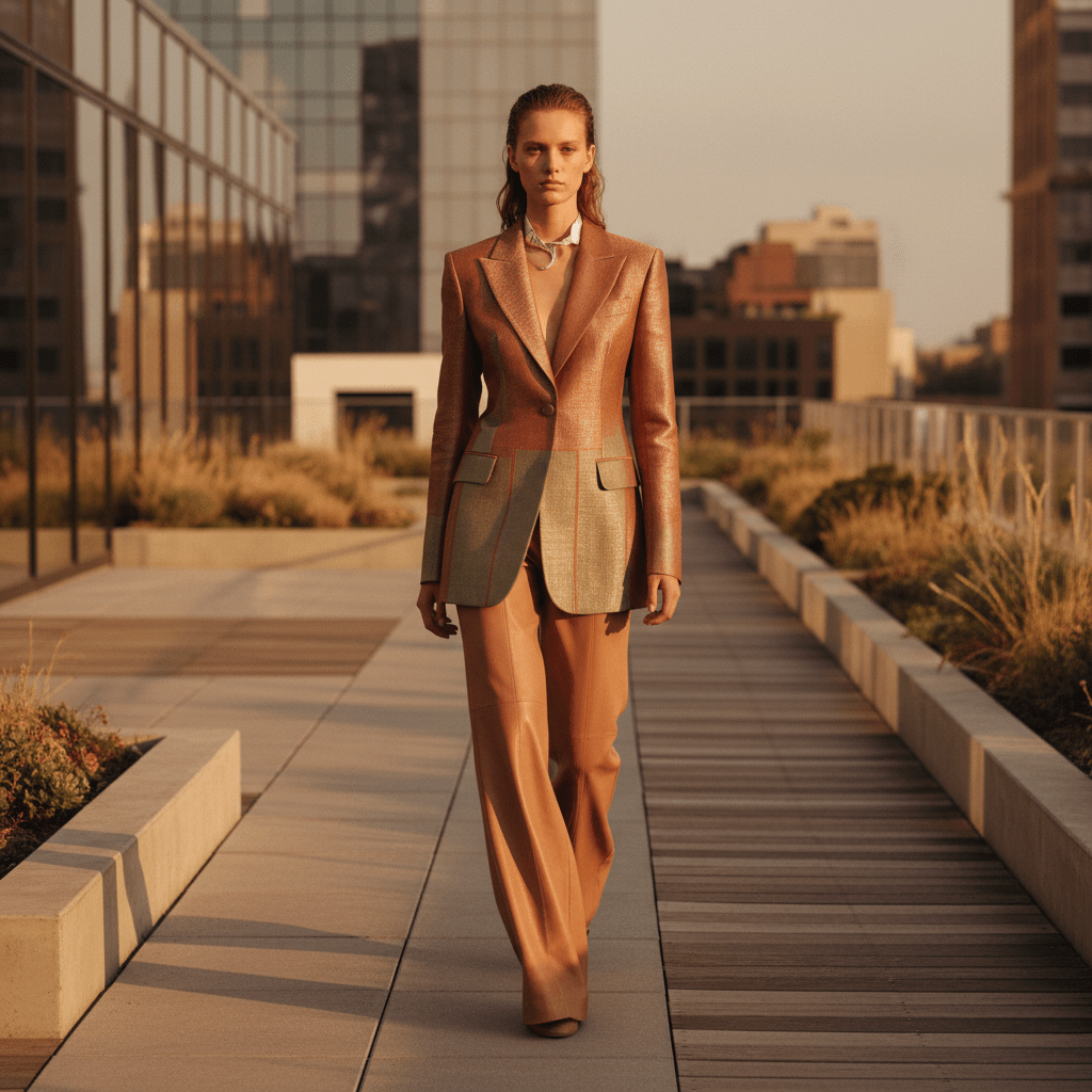 Model wears structured spider silk blazer and cactus leather trousers on a modern terrace.