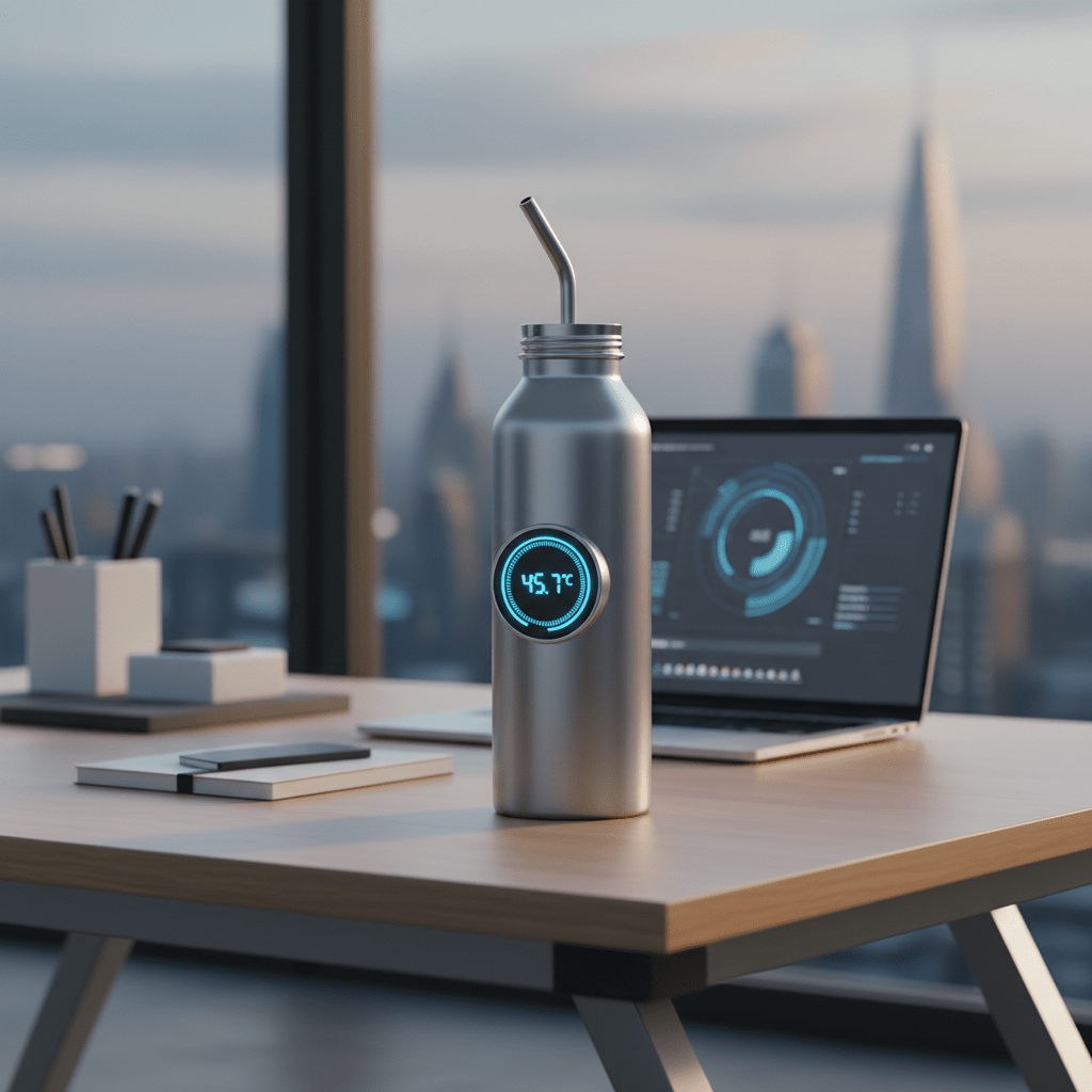 Matte stainless steel water bottle with LED temperature display on an office desk.