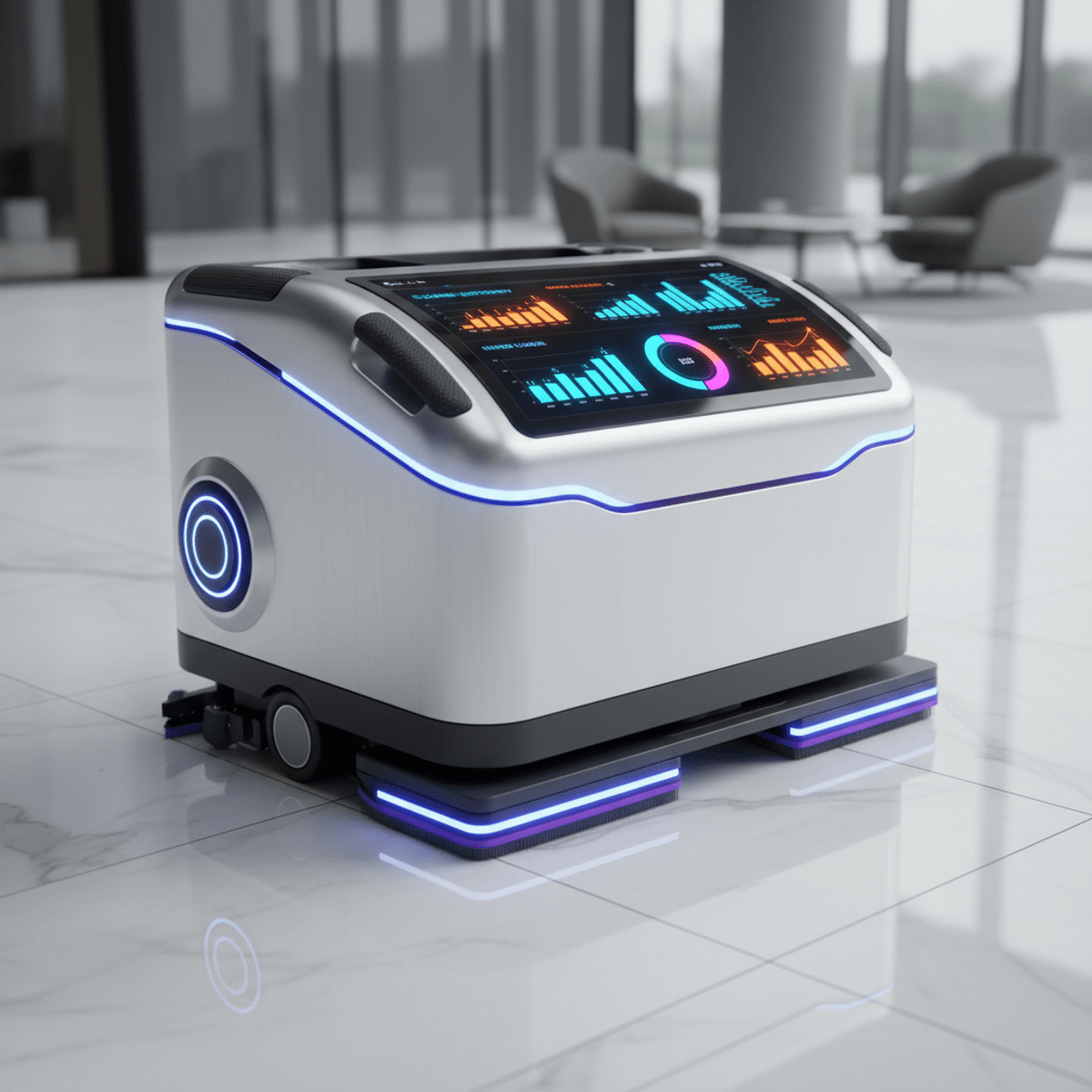 Sleek, futuristic tile scrubber with digital display in a modern corporate lobby.