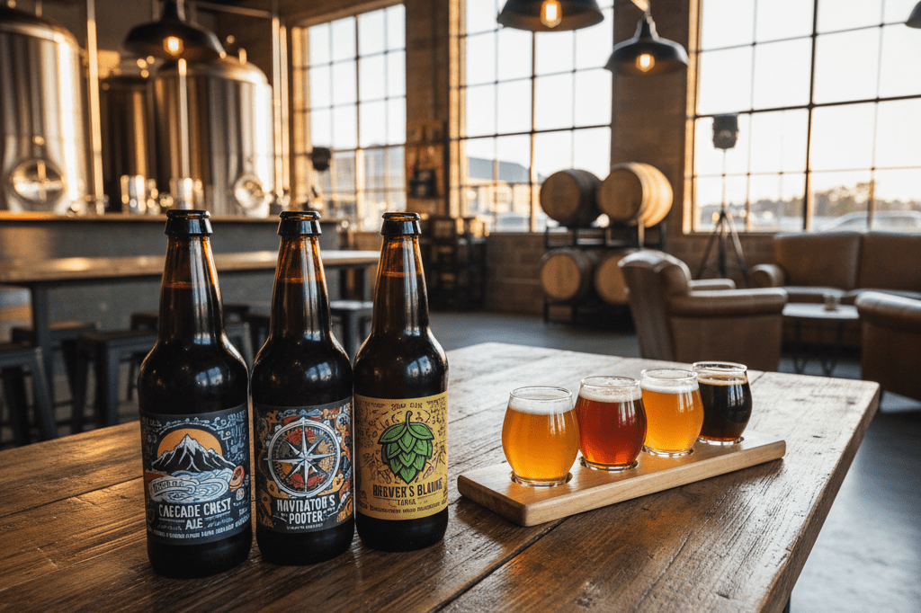 Three artisanal beer bottles and a wooden flight paddle with four tasting glasses arranged on a rustic table under warm natural light.