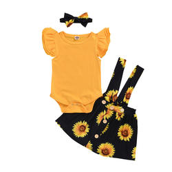 Verão Doce Criança Da Criança Do Bebê Menina Conjuntos de Roupas Sem Mangas Blusa Amarela Com Girassol Saias Outfit Set