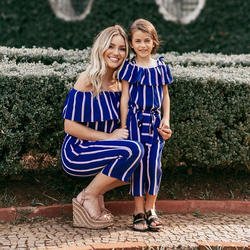 2020 wholesale mommy and me off-shoulder striped jumpsuit mommy and me polyester blue outfits parent-child wear