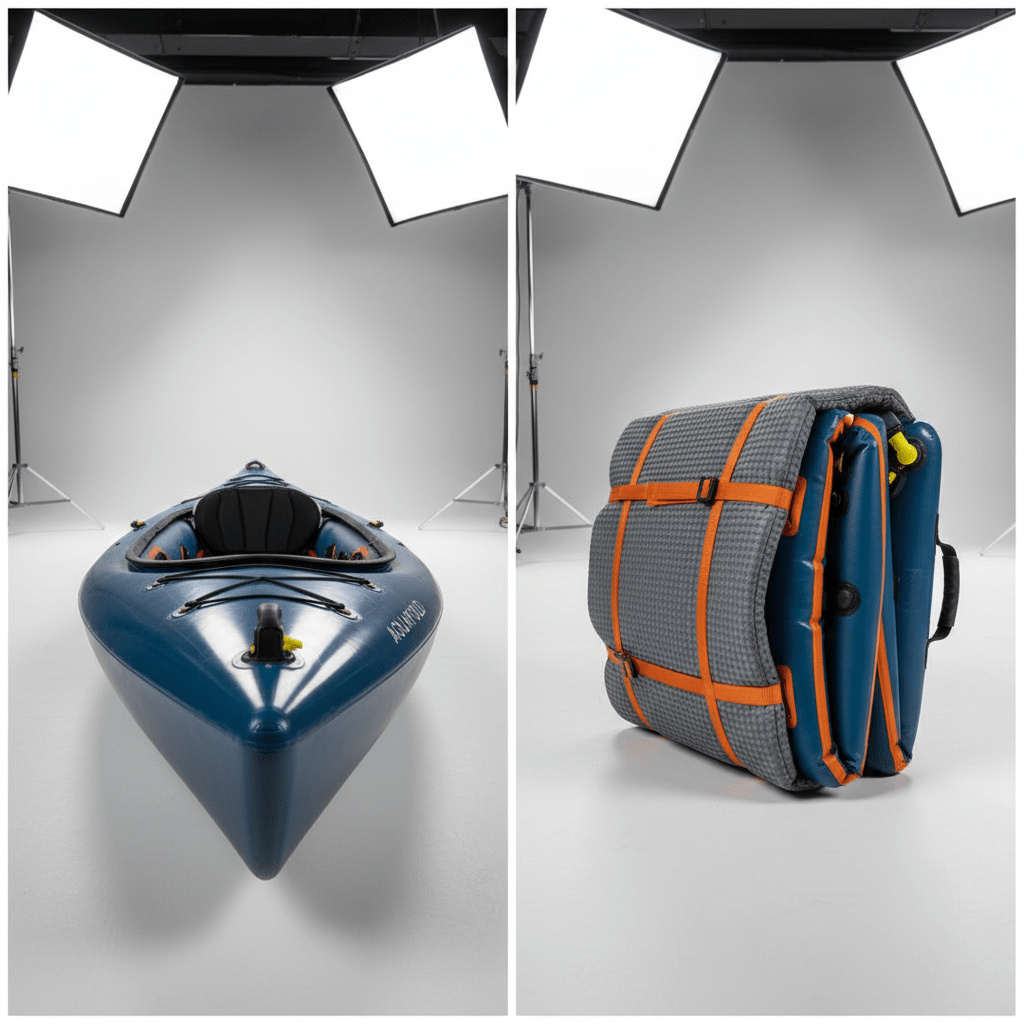 Portable kayak shown fully inflated and compactly folded, highlighting drop-stitch texture.