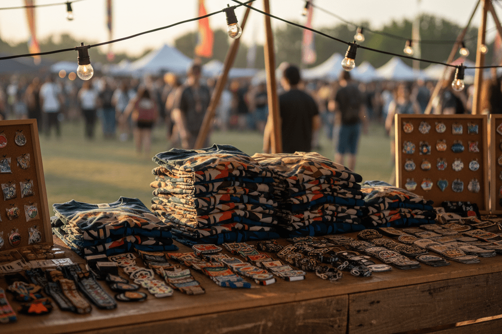 Stack of folded band t-shirts on a wooden table at a music festival, lit by sun and string lights