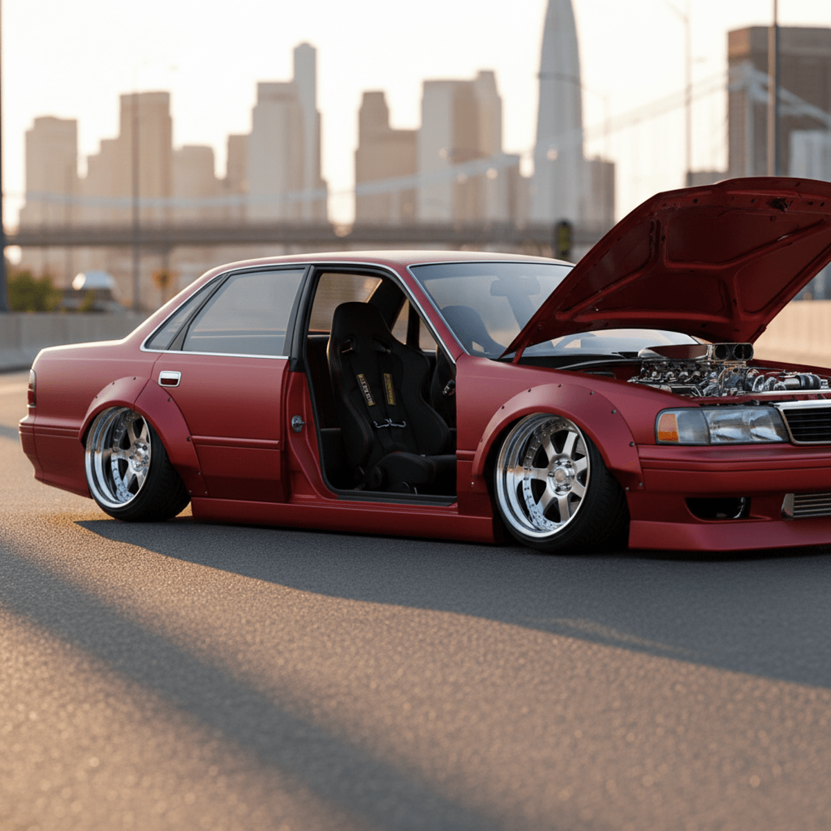 Matte crimson sedan with flared arches and deep-dish rims at golden hour.