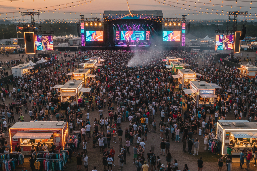Wide-angle view of a busy event space with stage, booths, and string lights reflecting proven scaling tactics