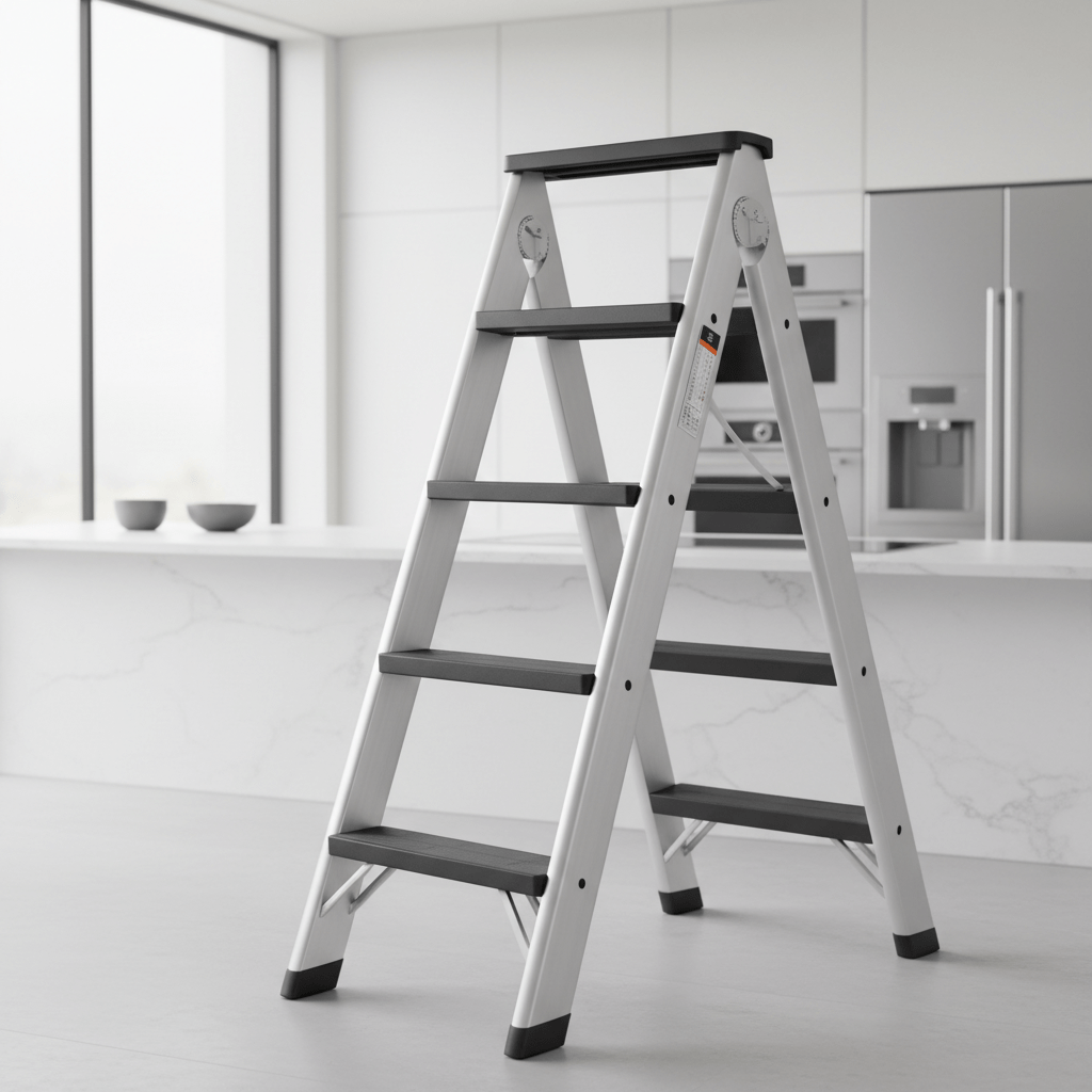 Sleek folding ladder transforming mid-motion, featuring wide slip-resistant steps.