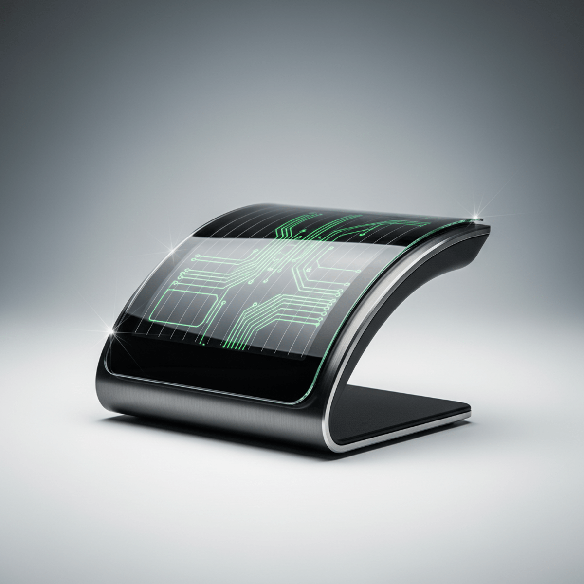 Close-up of a modern heart monitor with transparent photovoltaic film on its smooth display.