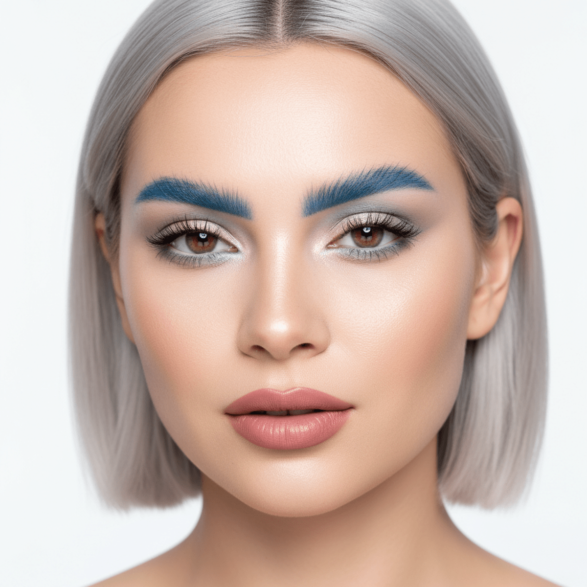 Woman with natural eyebrows transitioning to electric blue, soft pastel makeup, smooth skin.