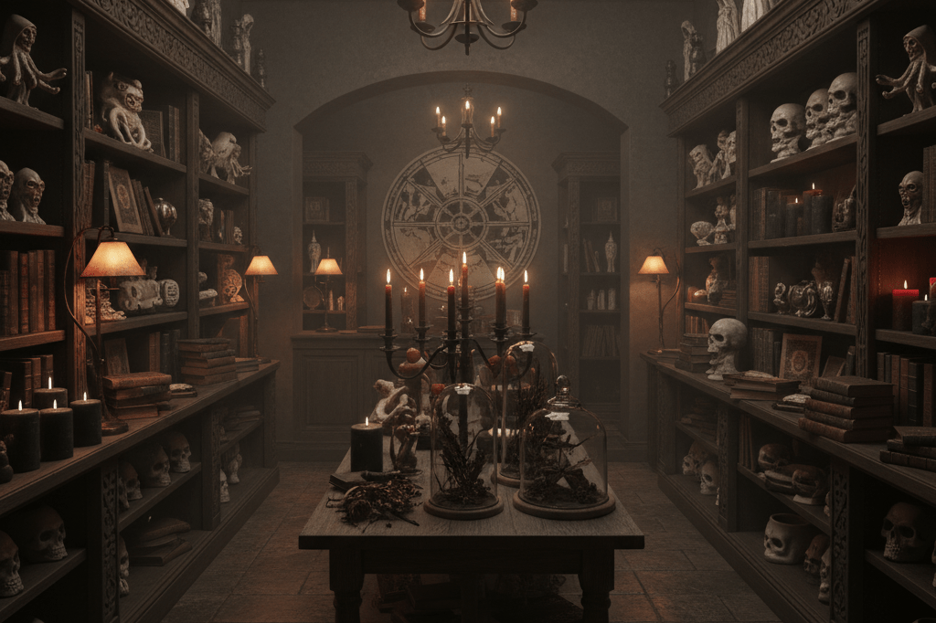 Wide shot of a dark retail environment showcasing eerie ceramics and candles under warm ambient lighting, evoking cult horror film aesthetics