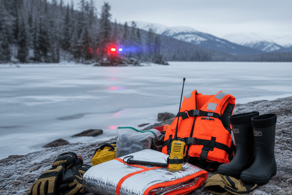Thermal blankets and marine radio on snow near frozen bay, highlighting emergency preparedness