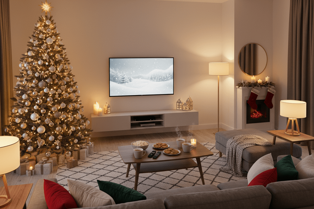 Warmly lit living room with Christmas tree and TV showing snowy scenery, capturing festive family leisure moments