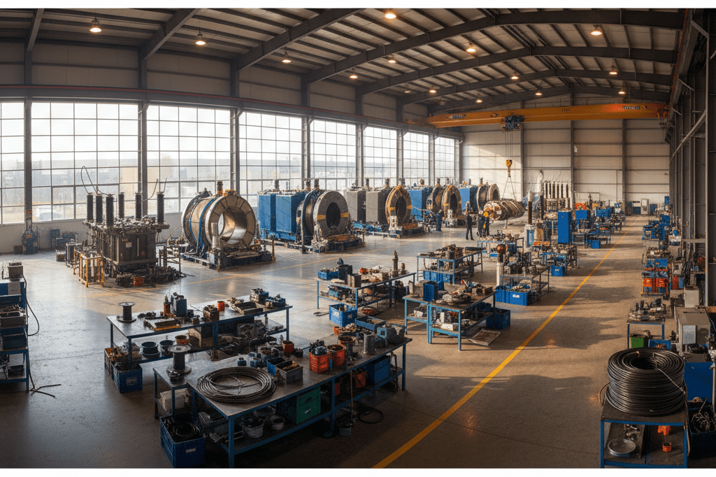 Wide shot of a high-voltage transformer assembly line in a bustling energy manufacturing facility under natural light