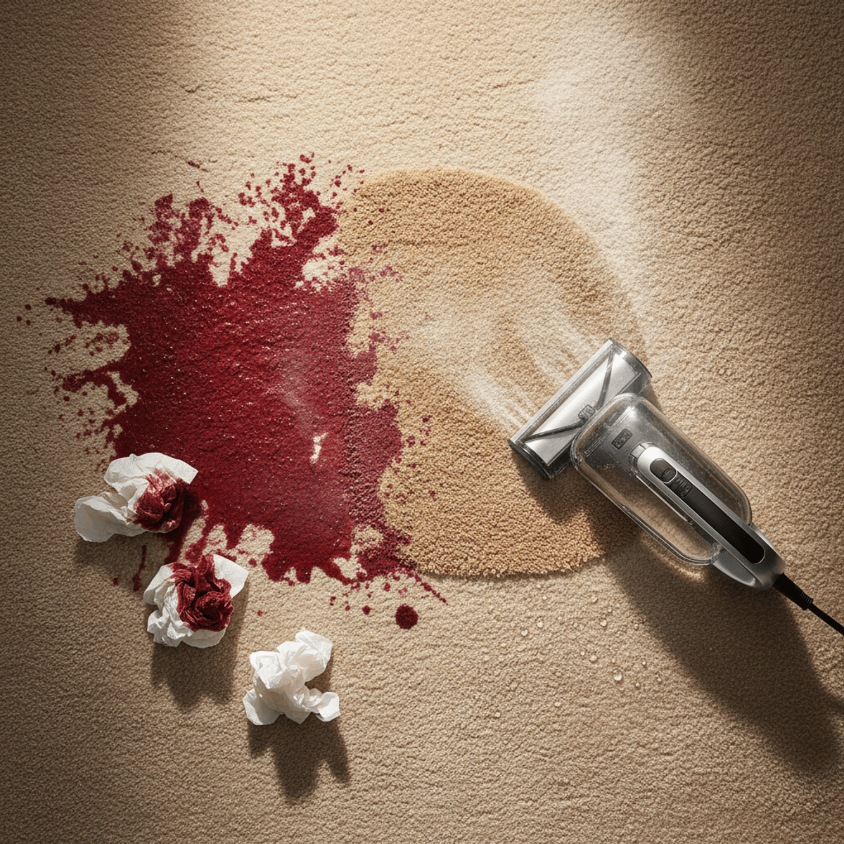 Handheld carpet cleaner on pristine, restored carpet Modern handheld carpet cleaner beside a freshly restored light-colored carpet.