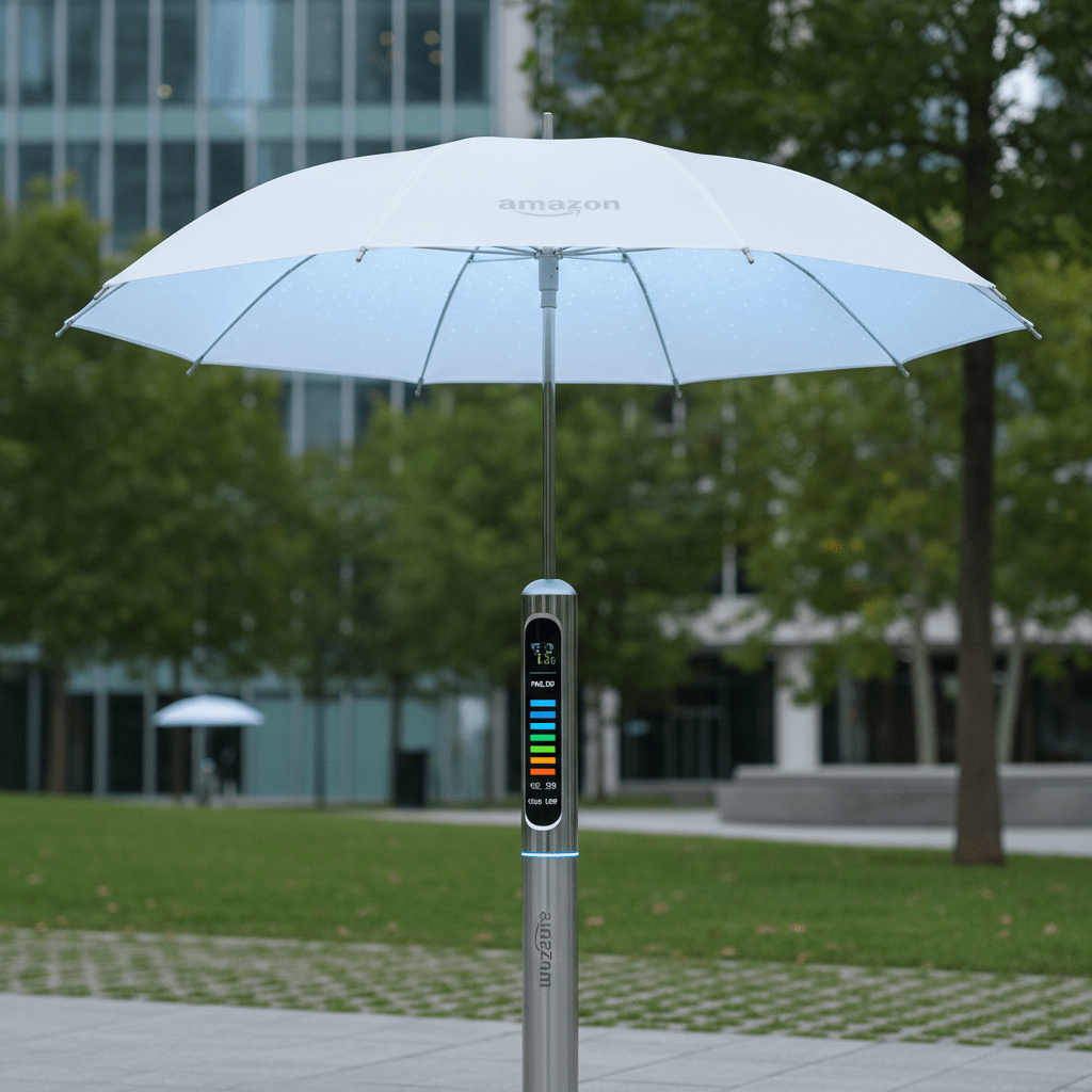 Sleek, white air-purifying umbrella with LED indicators in a modern urban park.