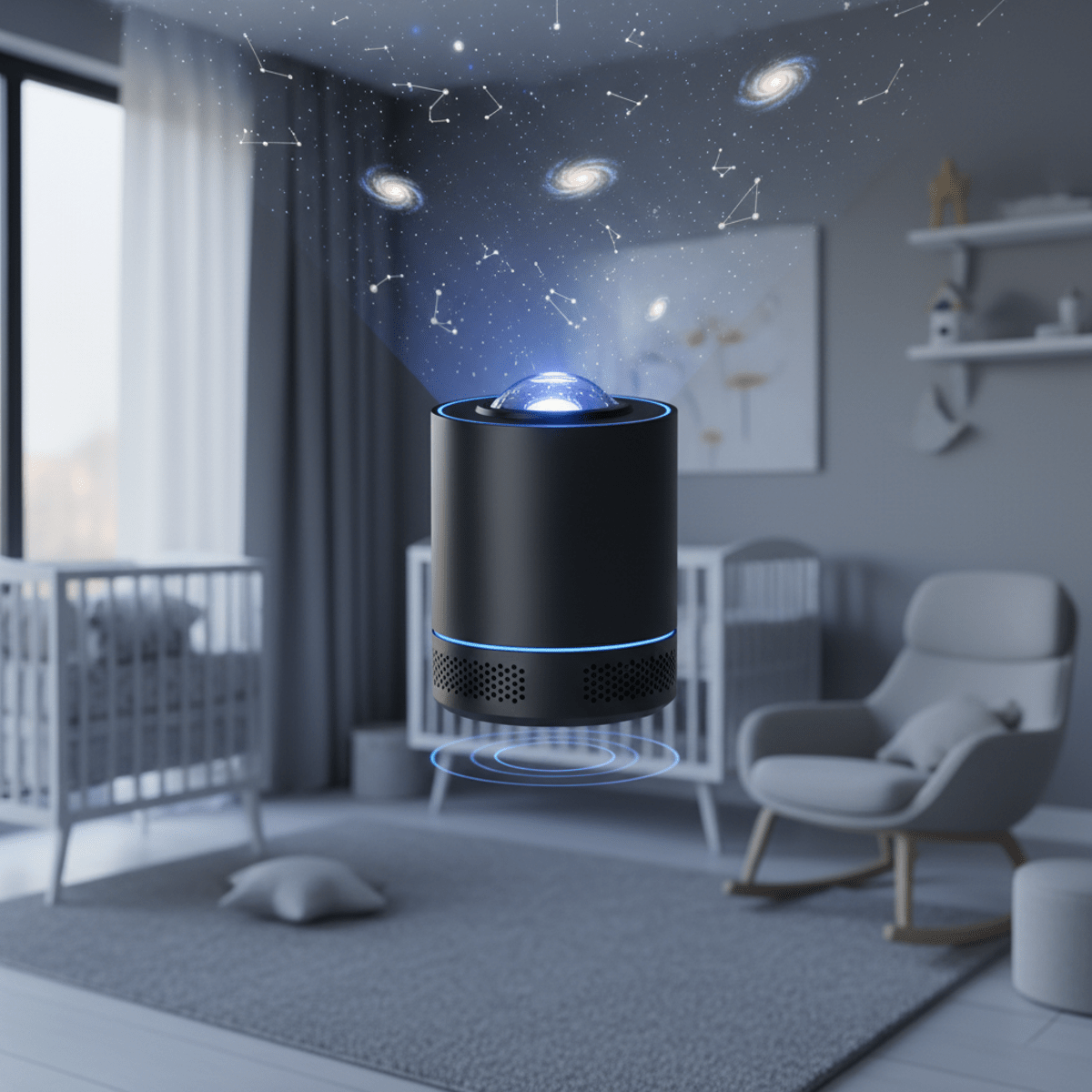 Sleek matte black star projector levitating and projecting celestial patterns.