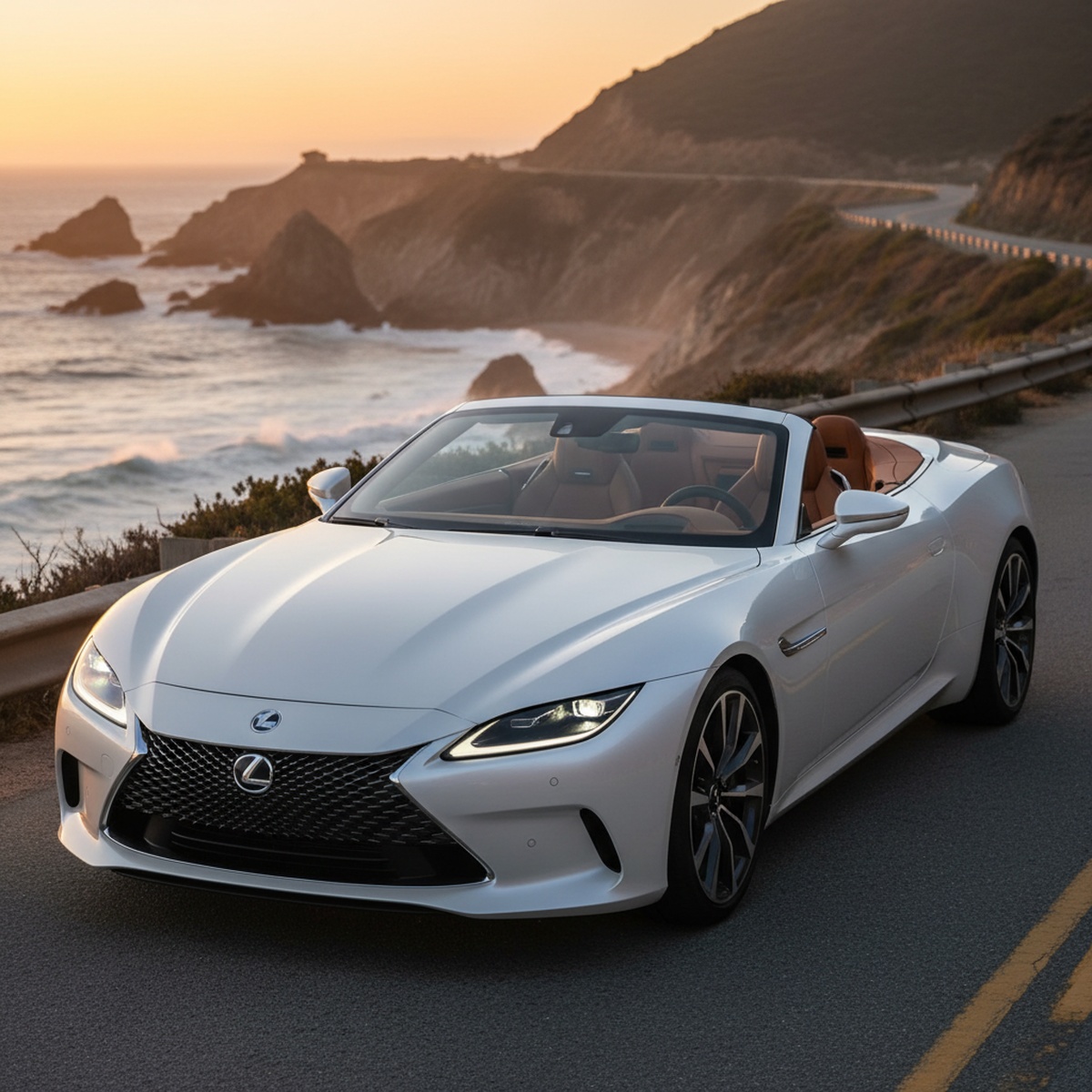 Sleek pearl white grand touring convertible on coastal road at golden hour.