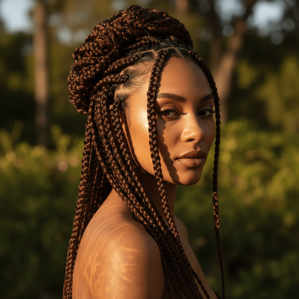 Model with glossy twist braids in golden hour sunlight, showcasing elegant protective style.