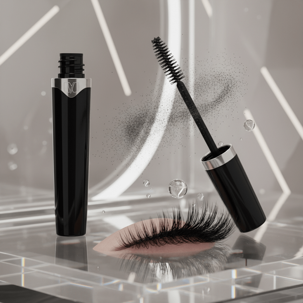 Macro view of futuristic mascara with microfibers lengthening lashes, showing smudge-proof protection.