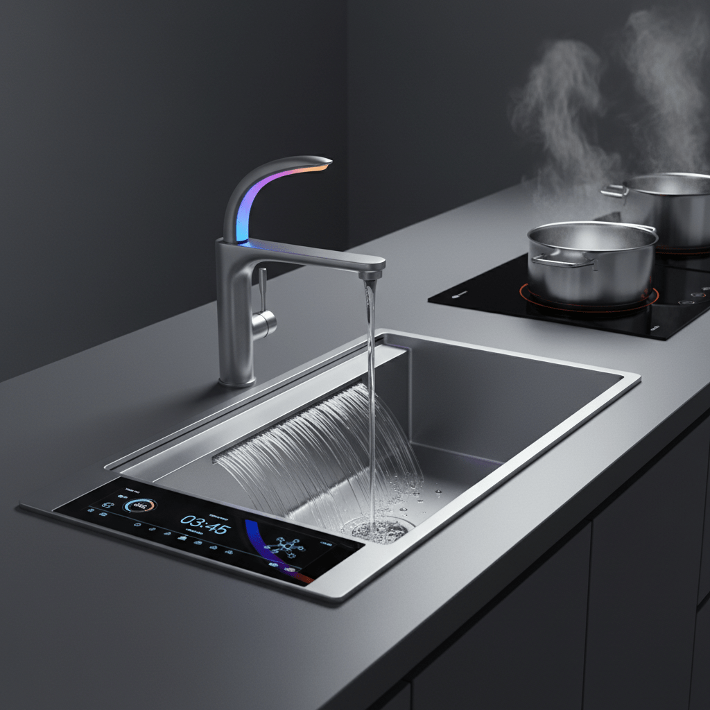Modern kitchen sink with digital display and color-changing faucet.