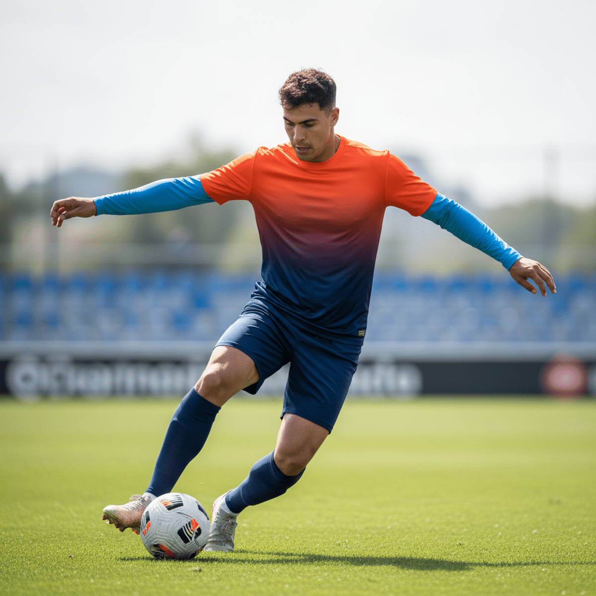 Male athlete in dynamic pose wearing a soccer jersey with a smooth ombré gradient fade.