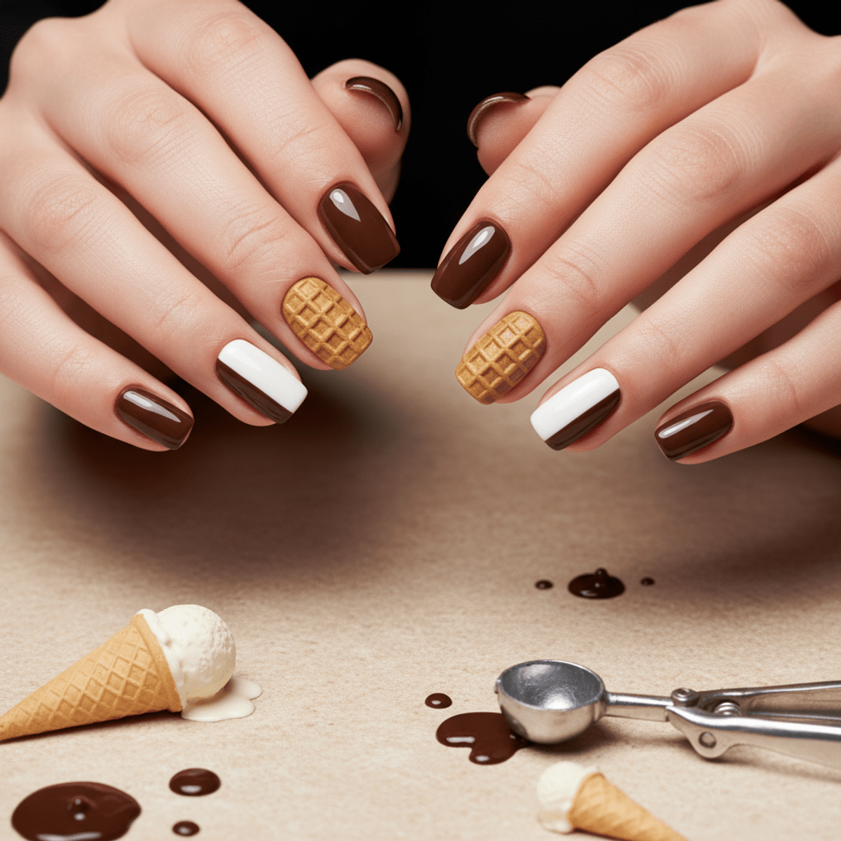 Ice cream manicure with matte waffle cone texture and glossy chocolate vanilla nails.