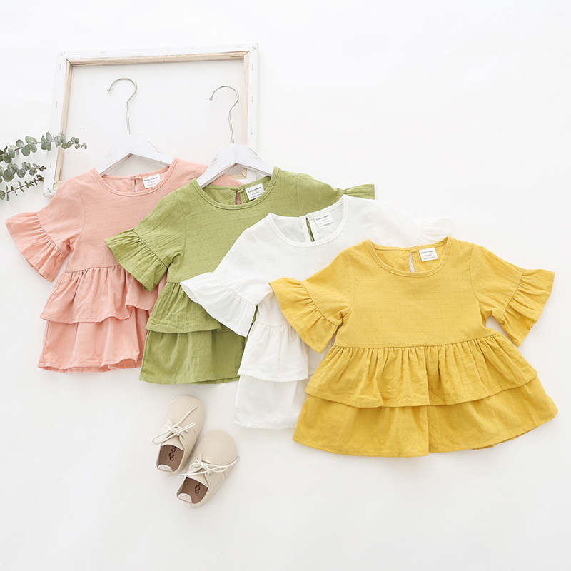 lyc-4266 Summer baby kids girls dresses cotton T-shirt tops lotus leaf sleeves doll party skirts children dress Blouse clothes