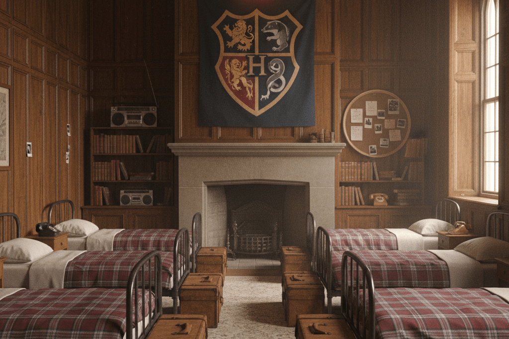 A detailed recreation of a 1990s British-style dorm room with vintage props and warm ambient lighting evoking nostalgia without copyrighted elements