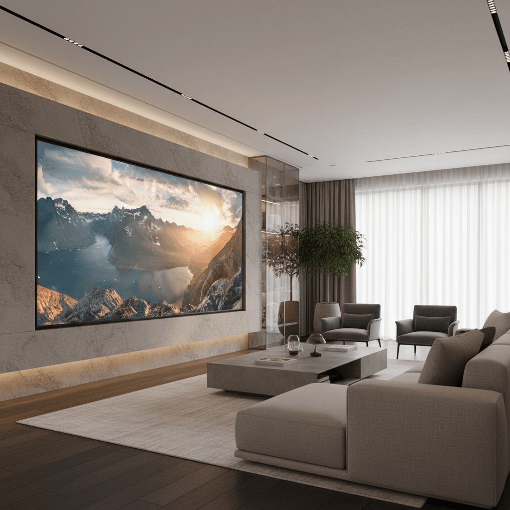 Luxurious living room with wall-spanning 8K sunrise panorama of Swiss Alps.