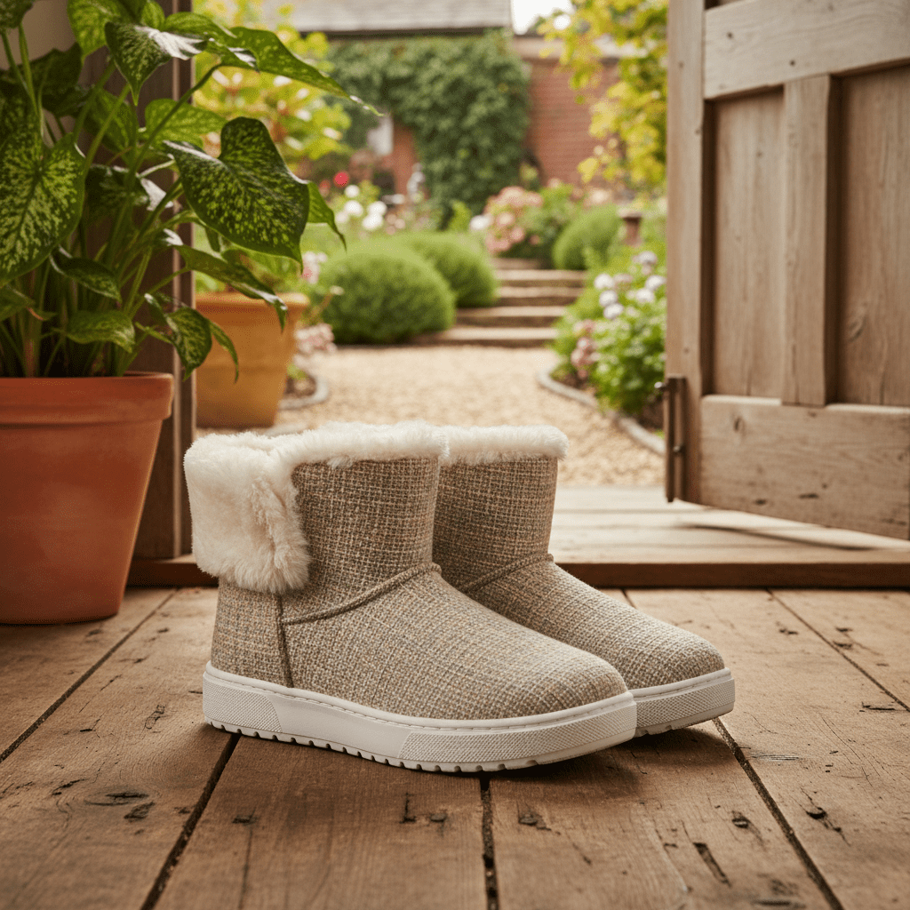 Cozy faux fur lined boots in warm, earthy tones. Faux fur lined boots in oatmeal and sage tones on a wooden floor.