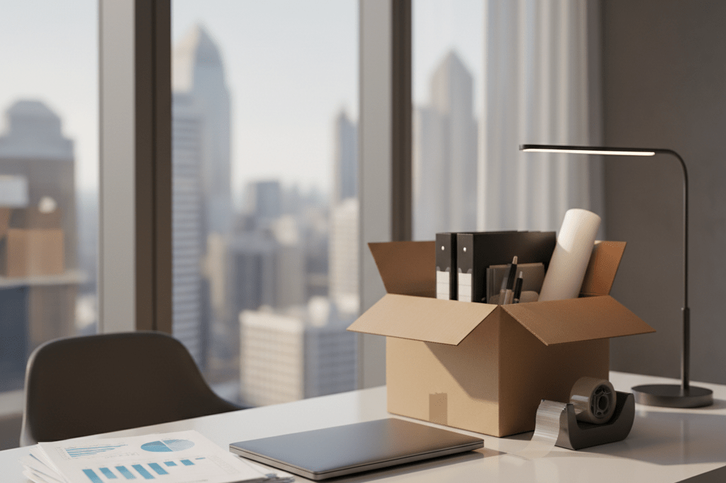 Empty corporate desk with charts and packed box under natural light, symbolizing efficient financial sector restructuring