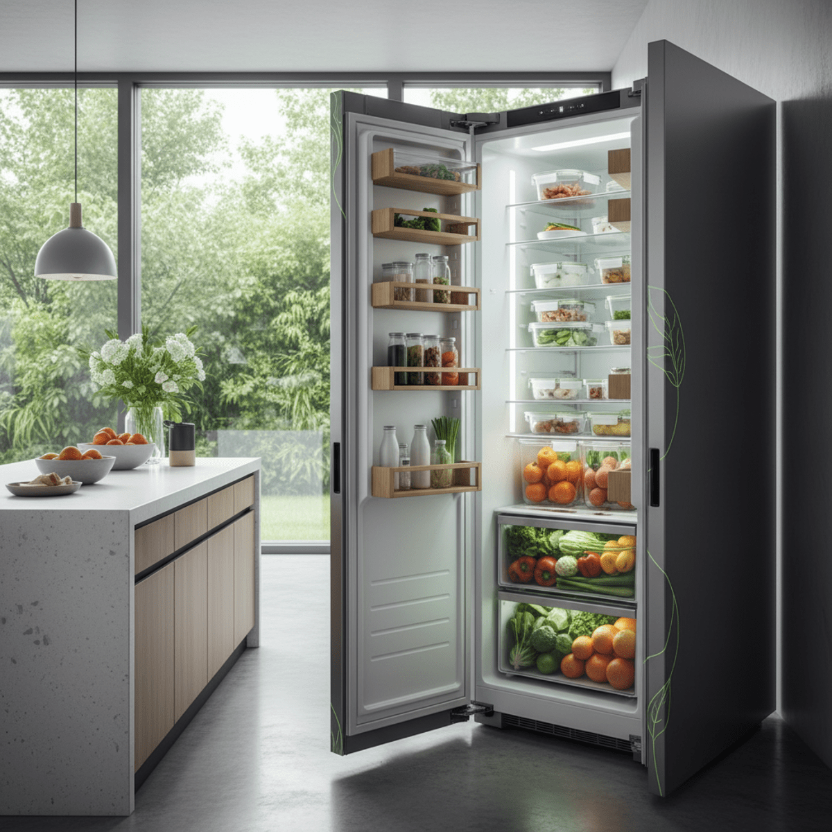 Sleek, matte recycled steel refrigerator with green accents in an eco-friendly kitchen.