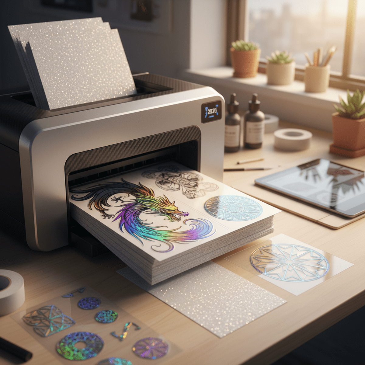 Advanced printer creating holographic glitter stickers with light-reflecting designs.